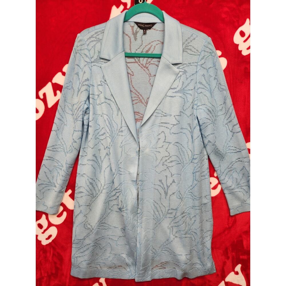 Ming Wang Women’s Open Front Knit Jacket Blue Floral Textured Blazer Size M
